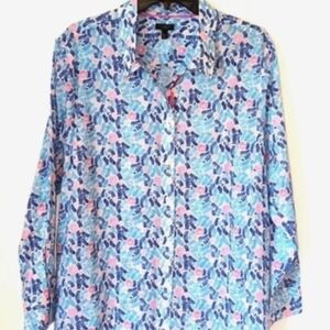 Talbots Long Sleeve Floral Fern Print Cotton Blouse. Size 3X Petite. Pink Blue